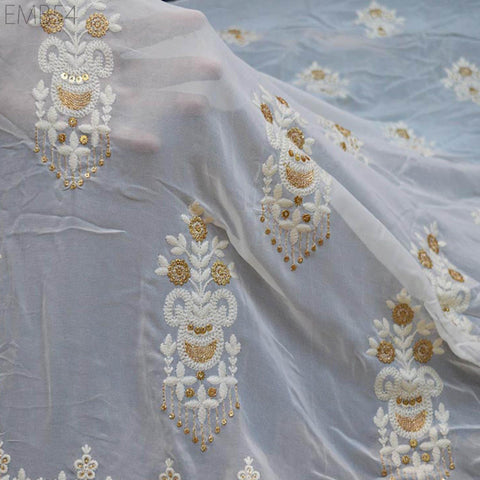 54'' Ivory Dyeable Chikankari Georgette Sequined Embroidered Fabric by the Yard Wedding Dress Indian Sequin Saree Crafting Sewing Costumes