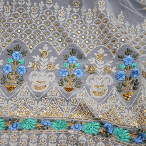 54'' Ivory Dyeable Chikankari Georgette Sequined Embroidered Fabric by the Yard Wedding Dress Indian Sequin Saree Crafting Sewing Costumes