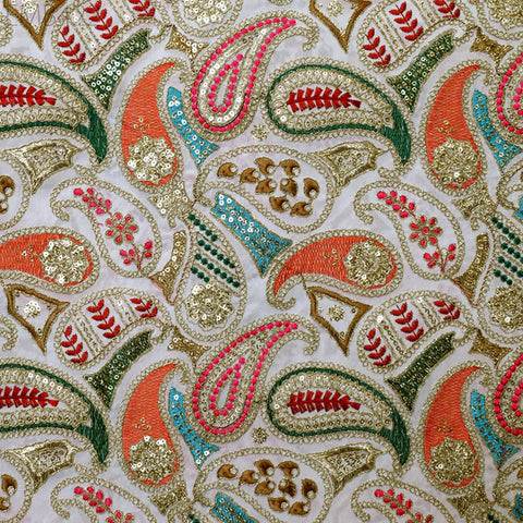 Indian Embroidered Fabric by the Yard Georgette Ivory Embroidery Sewing Curtain DIY Crafting Summer Women Dress Material Drapery Home Decor