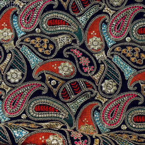 Indian Embroidered Fabric by the Yard Georgette Blue Embroidery Sewing Curtain DIY Crafting Summer Women Dress Material Drapery Home Decor