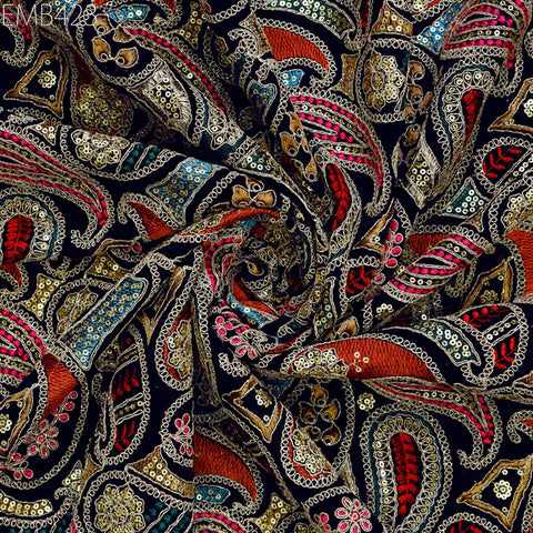 Indian Embroidered Fabric by the Yard Georgette Blue Embroidery Sewing Curtain DIY Crafting Summer Women Dress Material Drapery Home Decor