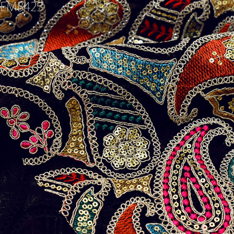 Indian Embroidered Fabric by the Yard Georgette Blue Embroidery Sewing Curtain DIY Crafting Summer Women Dress Material Drapery Home Decor