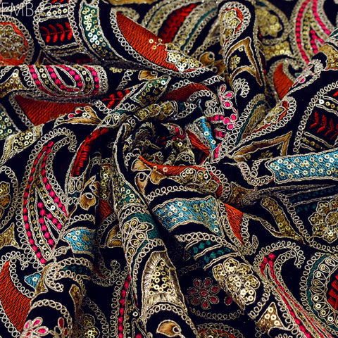 Indian Embroidered Fabric by the Yard Georgette Blue Embroidery Sewing Curtain DIY Crafting Summer Women Dress Material Drapery Home Decor