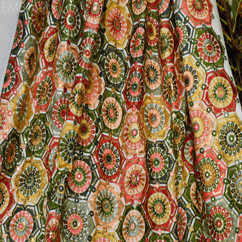 Indian Embroidery Cotton Fabric by the Yard Embroidered Wedding Dress Party Costumes Dolls Bags Cushions Table Runner Sewing DIY Crafting