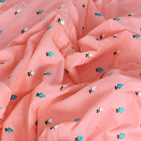 Indian Salmon Embroidered Cotton Fabric by the Yard Embroidery Sewing Nursery Curtain DIY Crafting Summer Kid Women Dress Material Quilting