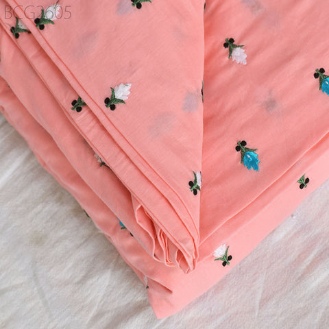 Indian Salmon Embroidered Cotton Fabric by the Yard Embroidery Sewing Nursery Curtain DIY Crafting Summer Kid Women Dress Material Quilting