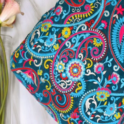 Indian Paisley Embroidered Fabric by the Yard Georgette Embroidery Sewing Curtain Crafting Summer Women Dress Material Drapery Home Decor