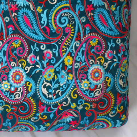 Indian Paisley Embroidered Fabric by the Yard Georgette Embroidery Sewing Curtain Crafting Summer Women Dress Material Drapery Home Decor