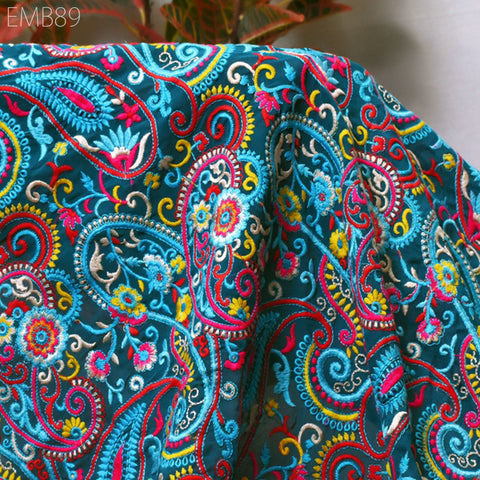 Indian Paisley Embroidered Fabric by the Yard Georgette Embroidery Sewing Curtain Crafting Summer Women Dress Material Drapery Home Decor