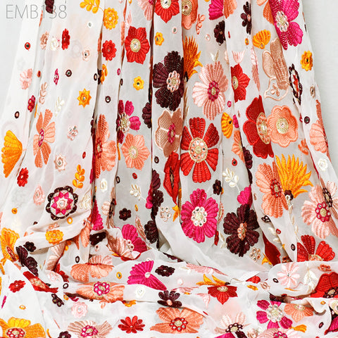 Indian Floral Embroidered Fabric by the Yard Georgette Embroidery Sewing Curtain DIY Crafting Summer Women Dress Material Drapery Home Decor