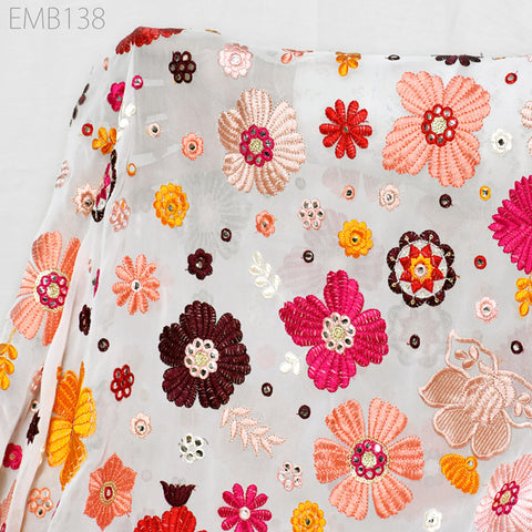 Indian Floral Embroidered Fabric by the Yard Georgette Embroidery Sewing Curtain DIY Crafting Summer Women Dress Material Drapery Home Decor
