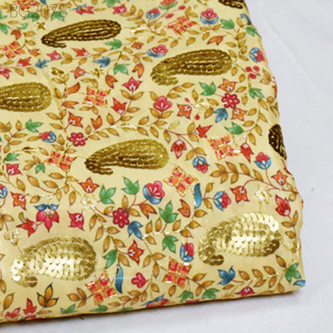 Pale Yellow Sequin Embroidery Fabric Indian Saree Embroidered Fabric by the Yard Crafting Sewing Sequined Wedding Dress Costumes Doll Making