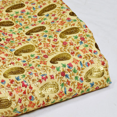 Pale Yellow Sequin Embroidery Fabric Indian Saree Embroidered Fabric by the Yard Crafting Sewing Sequined Wedding Dress Costumes Doll Making