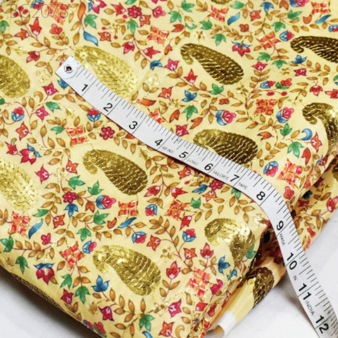 Pale Yellow Sequin Embroidery Fabric Indian Saree Embroidered Fabric by the Yard Crafting Sewing Sequined Wedding Dress Costumes Doll Making