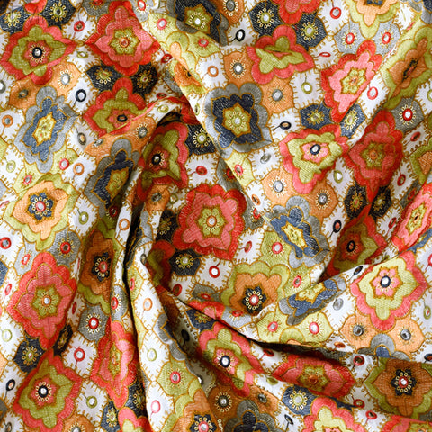 Indian Embroidered Cotton Fabric by the Yard Embroidery Wedding Dress Party Costumes Dolls Bags Cushions Table Runner Sewing DIY Crafting