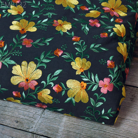 Floral Embroidered Cotton Fabric by the Yard Indian Embroidery Sewing DIY Crafting Women Summer Dresses Costumes Tote Bag Home Decor Curtain