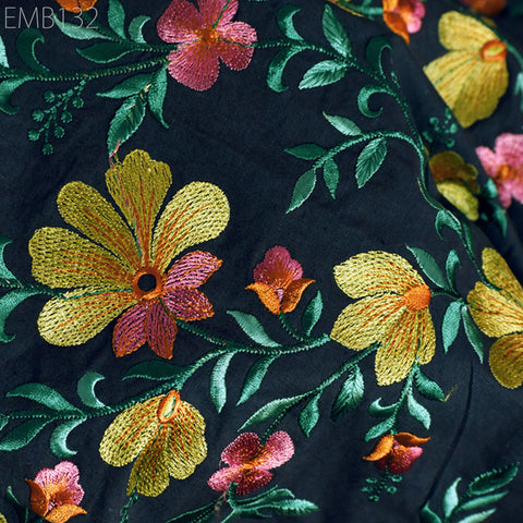 Floral Embroidered Cotton Fabric by the Yard Indian Embroidery Sewing DIY Crafting Women Summer Dresses Costumes Tote Bag Home Decor Curtain