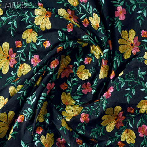 Floral Embroidered Cotton Fabric by the Yard Indian Embroidery Sewing DIY Crafting Women Summer Dresses Costumes Tote Bag Home Decor Curtain
