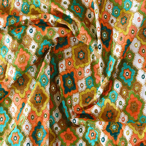 Indian Embroidered Cotton Fabric by the Yard Embroidery Summer Dresses Party Costumes Dolls Bags Cushions Table Runner Sewing DIY Crafting