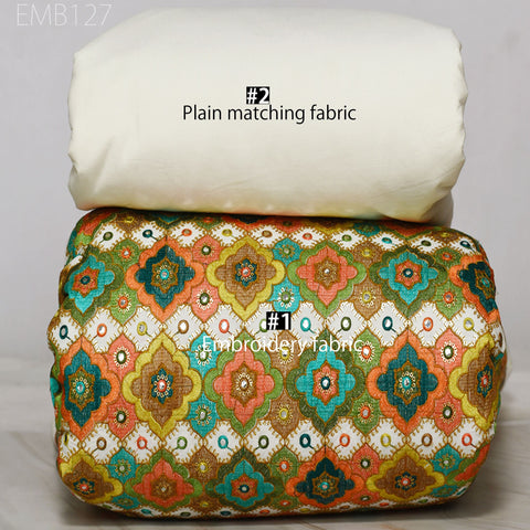 Indian Embroidered Cotton Fabric by the Yard Embroidery Summer Dresses Party Costumes Dolls Bags Cushions Table Runner Sewing DIY Crafting