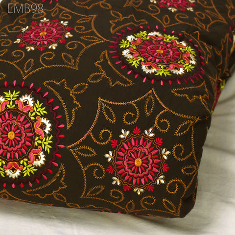 Brown Embroidered Fabric Indian Embroidery Cotton Fabric by the Yard Sewing Fabric DIY Crafting Wedding Dress Costumes Doll Bag Home Decor
