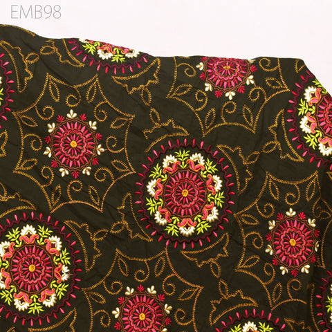 Brown Embroidered Fabric Indian Embroidery Cotton Fabric by the Yard Sewing Fabric DIY Crafting Wedding Dress Costumes Doll Bag Home Decor