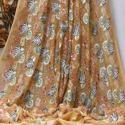 Tan Indian Embroidered Fabric by the Yard Georgette Embroidery Sewing Curtain DIY Crafting Summer Women Dress Material Drapery Home Decor