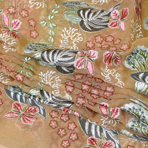 Tan Indian Embroidered Fabric by the Yard Georgette Embroidery Sewing Curtain DIY Crafting Summer Women Dress Material Drapery Home Decor