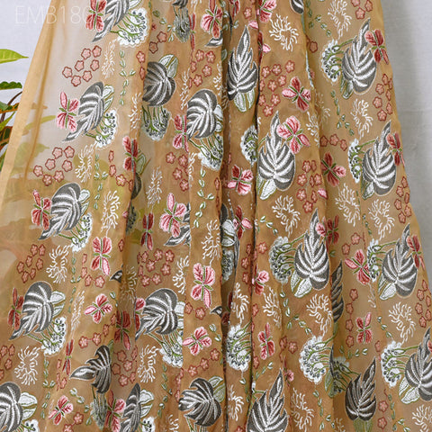 Tan Indian Embroidered Fabric by the Yard Georgette Embroidery Sewing Curtain DIY Crafting Summer Women Dress Material Drapery Home Decor