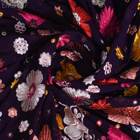 Indian Embroidered Fabric sold by the Yard Georgette Embroidery Sewing Curtain DIY Crafting Summer Women Dress Material Drapery Home Decor