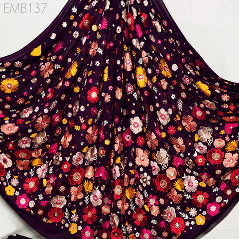 Indian Embroidered Fabric sold by the Yard Georgette Embroidery Sewing Curtain DIY Crafting Summer Women Dress Material Drapery Home Decor