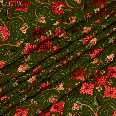 Green Indian Embroidered Fabric by the Yard Georgette Embroidery Sewing Curtain DIY Crafting Summer Women Dress Material Drapery Home Decor