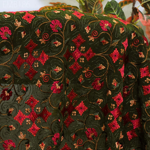 Green Indian Embroidered Fabric by the Yard Georgette Embroidery Sewing Curtain DIY Crafting Summer Women Dress Material Drapery Home Decor