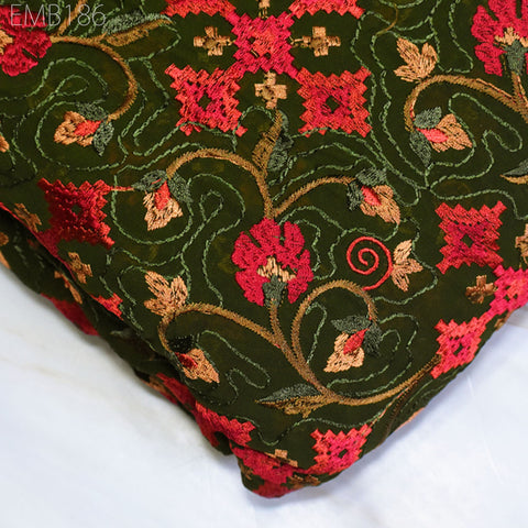 Green Indian Embroidered Fabric by the Yard Georgette Embroidery Sewing Curtain DIY Crafting Summer Women Dress Material Drapery Home Decor