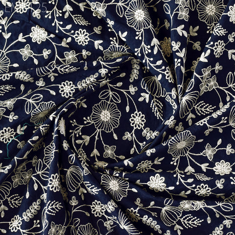 Navy Blue Embroidered Cotton Fabric by the Yard, Floral Sewing Material