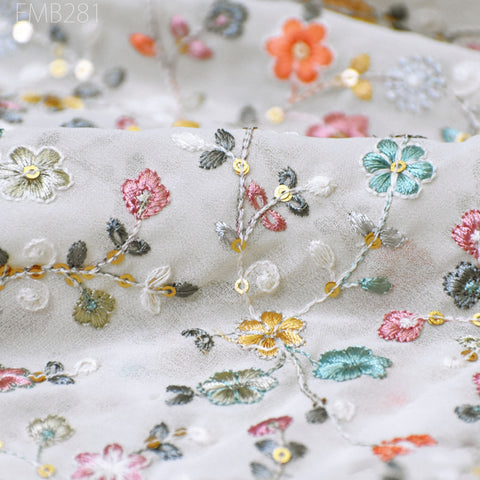 Cream Indian Embroidered Fabric by the Yard Georgette Embroidery Sewing Curtain DIY Crafting Summer Women Dress Material Drapery Home Decor
