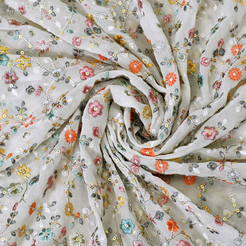 Cream Indian Embroidered Fabric by the Yard Georgette Embroidery Sewing Curtain DIY Crafting Summer Women Dress Material Drapery Home Decor