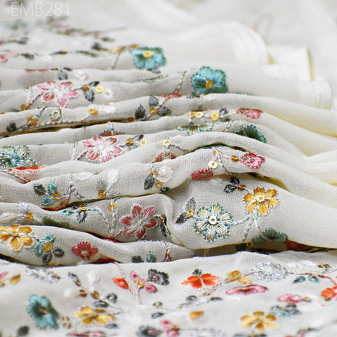 Cream Indian Embroidered Fabric by the Yard Georgette Embroidery Sewing Curtain DIY Crafting Summer Women Dress Material Drapery Home Decor