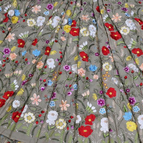 Floral Embroidered Cotton Fabric by the Yard Indian Embroidery Sewing DIY Crafting Women Summer Dresses Costumes Tote Bag Home Decor Curtain