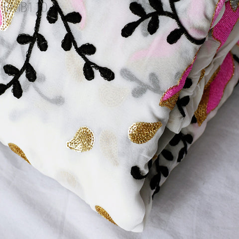 Indian Embroidered Fabric by the Yard Georgette White Embroidery Sewing Curtain DIY Crafting Summer Women Dress Material Drapery Home Decor