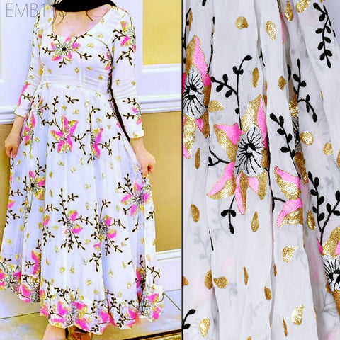 Indian Embroidered Fabric by the Yard Georgette White Embroidery Sewing Curtain DIY Crafting Summer Women Dress Material Drapery Home Decor