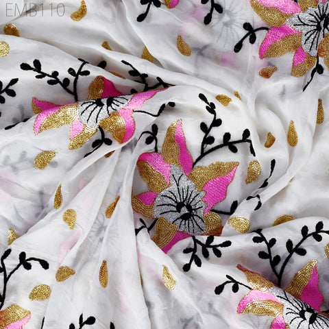 Indian Embroidered Fabric by the Yard Georgette White Embroidery Sewing Curtain DIY Crafting Summer Women Dress Material Drapery Home Decor