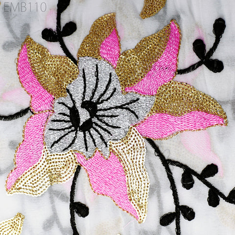 Indian Embroidered Fabric by the Yard Georgette White Embroidery Sewing Curtain DIY Crafting Summer Women Dress Material Drapery Home Decor