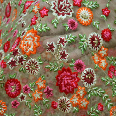 Net Embroidered Fabric Beige Floral Embroidered Fabric by the Yard Indian fabric Saree Crafting Sewing wedding dress costumes doll making