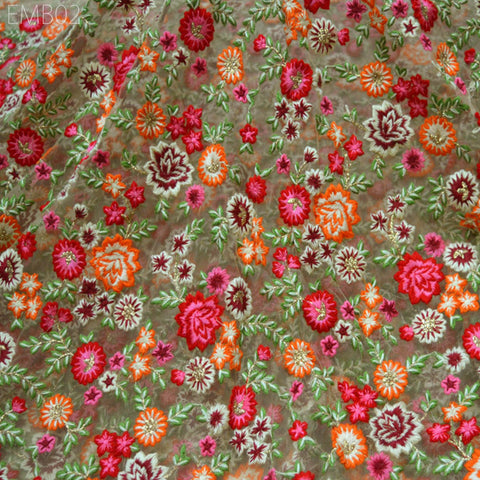 Net Embroidered Fabric Beige Floral Embroidered Fabric by the Yard Indian fabric Saree Crafting Sewing wedding dress costumes doll making