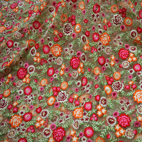 Net Embroidered Fabric Beige Floral Embroidered Fabric by the Yard Indian fabric Saree Crafting Sewing wedding dress costumes doll making
