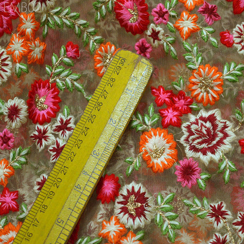 Net Embroidered Fabric Beige Floral Embroidered Fabric by the Yard Indian fabric Saree Crafting Sewing wedding dress costumes doll making
