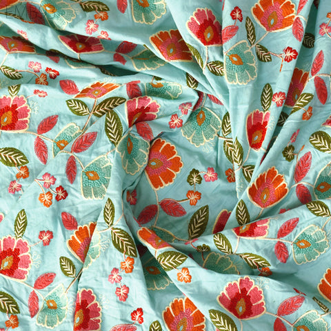 Blue Embroidered Fabric Indian Embroidery Cotton Fabric by the Yard Sewing Fabric DIY Crafting Wedding Dress Costumes Doll Bag Home Decor