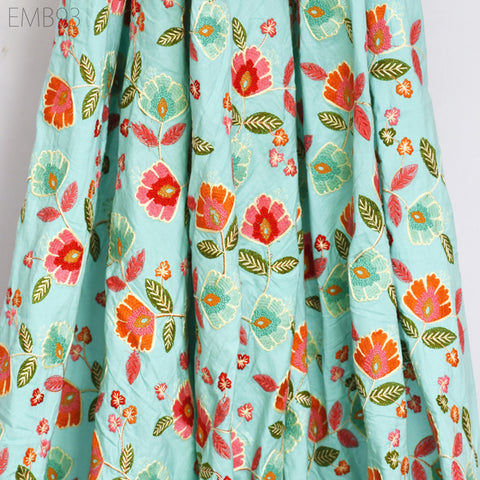 Blue Embroidered Fabric Indian Embroidery Cotton Fabric by the Yard Sewing Fabric DIY Crafting Wedding Dress Costumes Doll Bag Home Decor