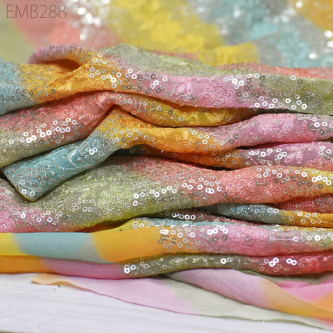 Sequin Embroidery Fabric by the Yard Indian Multi Georgette Saree Embroidered Crafting Sewing Sequined Wedding Dress Costumes Doll Making